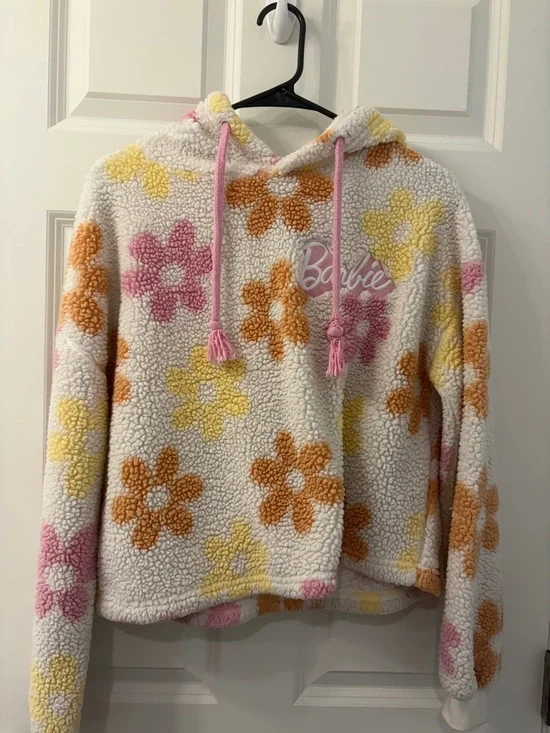 Barbie Cream Sherpa Hoodie with Pink, Orange & Yellow Floral Pattern - Picture 1 of 1
